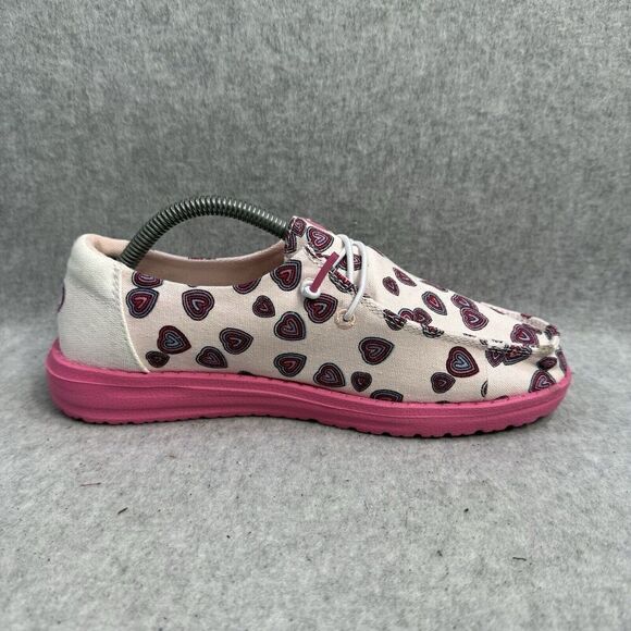 Hey Dude Shoes Youth 4 Wendy White Pink Slip On Heart Print Comfort Shoes New - Picture 6 of 10